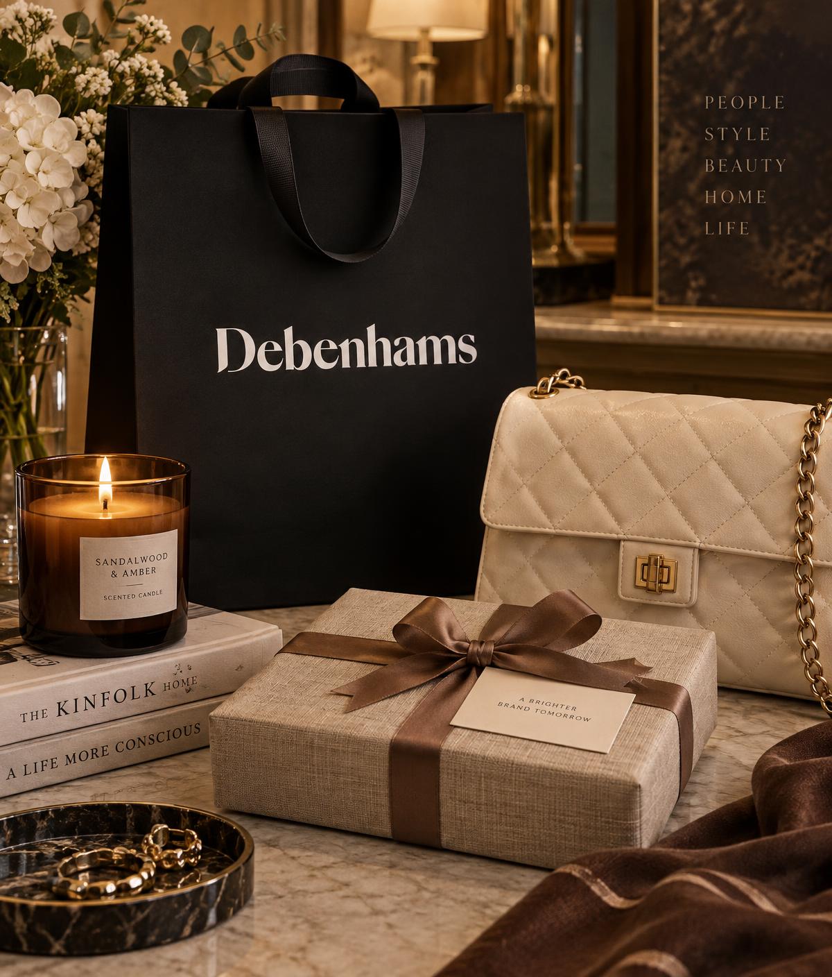 A Debenhams shopping bag beside a handbag, candle and wrapped gift